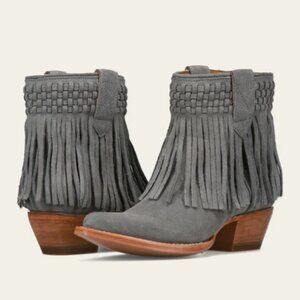 NEW FRYE Nubuck Leather Sacha Short Fringe Boots Steel Blue for women 2511 15M8